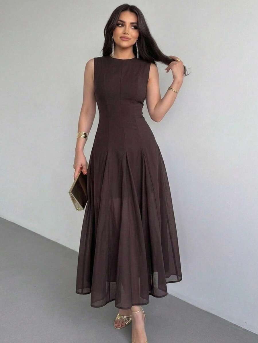 Heiryn Women's Solid Color Round Neck Fitted Elegant Sleeveless Dress - Coffee - View 1