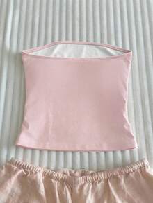 SHEIN 热销新品：清新少女风印花字母露脐吊带背心，挂脖式设计，无肩带款式，春夏百搭日常单品 - 彩色 - 查看 4