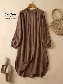 Rusticease Plus Size Brown Pleated Textured Notched V Neck Long Sleeve Dress Elegant Formal Fall Winter 2026 - Brown - View 9