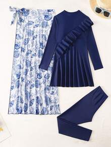 Swim Mulvari Women Ruffle Long Sleeve Top & Seashell Print Wrap Skirt Burkini Set - Multicolor - View 5