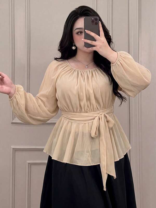 Vibekara Plus Size Women's Spring Summer , New Vacation, Elegant French Long Sleeve Blouse, High-End Design, Chic Unique Waist Tie Bow Belt Blouse, Spring Summer Autumn Design, Niche Unique Fashion Top