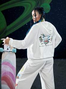 Rick and Morty X SHEIN 加大码标语卡通图案袋鼠口袋插肩袖抽绳卫衣 - 白色 - 查看 5