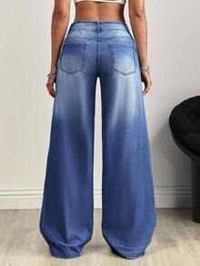 Flexra Plus Size Fashionable Medium Blue Washed Wide Leg Jeans - Medium Wash - View 2