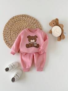 Newborn Baby Autumn/Winter Cute Camel Color Cartoon Pattern Long Sleeve Sweatshirt & Pants Set - Baby Pink - View 3