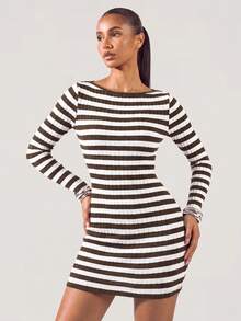SHEIN BASICS Women's White And Brown Casual Basic French Minimalist Coastal Daily Day Time Fall Dress Brunch Everyday Going Out Date Night Travelling - Chocolate Brown - View 5