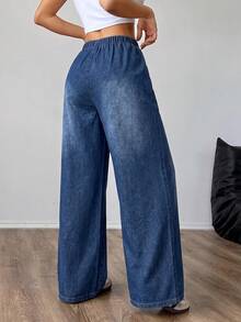 SHEIN PETITE CURVE 大尺碼休閒水洗寬腿牛仔褲 - 藍色 - 查看 2