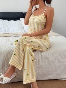 Napfluff Women's Striped Lemon Print Camisole Top And Long Pants Pajama Set - Yellow - View 5