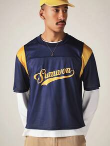 SUMWON Oversized Mesh Football Jersey With Gold Color Block Panels Script Logo Front Number 23 Back Crew Neck Short Sleeve Top,Oversized Jerseys For Men - Royal Blue - View 7