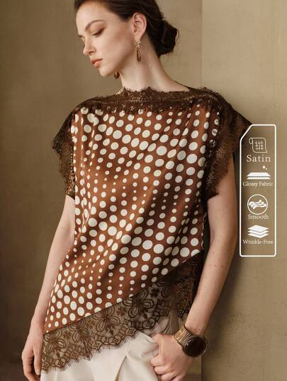 Arave Women's Top Loose Asymmetric Fit Satin Textured Lace Patchwork Lace Trim Slanted Hem Elegant Vintage Brown Polka Dot Blouses For Women Festival