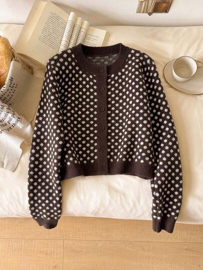 CosyJoli Women's All-Over Print Long Sleeve Single-Breasted Casual Knit Cardigan