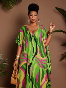 Maweii Plus Size Women's Loose Casual Vacation Sexy Vacation Print Short Sleeve Long Plus Size Dress - Multicolor - View 7