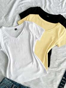 SHEIN EZwear 3件組女款夏季V領修身T恤，龐克次文化動漫純色基礎款V領短袖修身T恤 - 彩色 - 查看 4