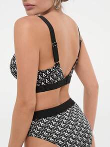 Bralution Women's Letter Print Bra And Triangle Panty Sports Underwear Set - Black and White - View 2