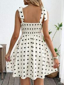 SHEIN LUNE Women's Casual 70s Romantic Cute Summer Vacation Commute Brunch Beach Daily Basic Outing White With Black Polka Dots Sleeveless Tie Waist Short Dress - Black and White - View 10