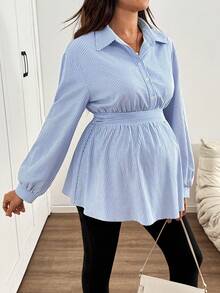 SHEIN 孕婦條紋長袖抓皺腰休閒襯衫 - 藍白色 - 查看 5