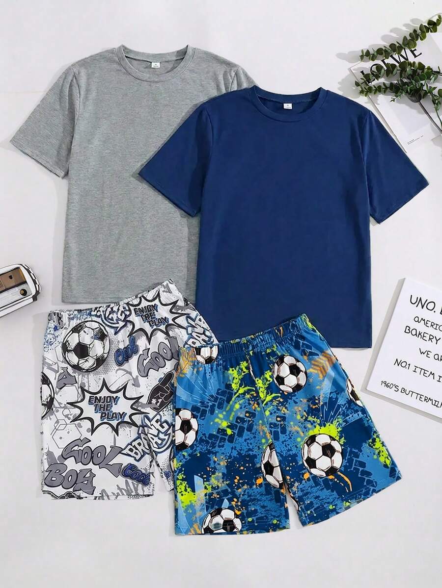 SHEIN 青少年男孩純色短袖上衣與足球印花短褲居家休閒套裝 - 彩色 - 查看 1