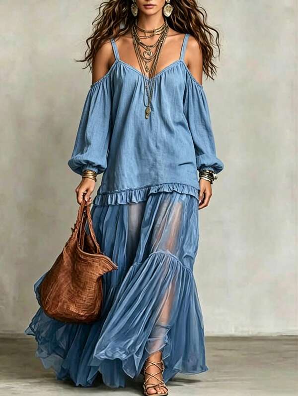 Omancia Women's Off-Shoulder Lantern Sleeve Patchwork Chiffon Dress