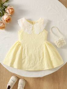 SHEIN Elladie kids 女婴甜美公主蕾丝边领无袖粉色连衣裙，夏季 - 黃色 - 查看 1