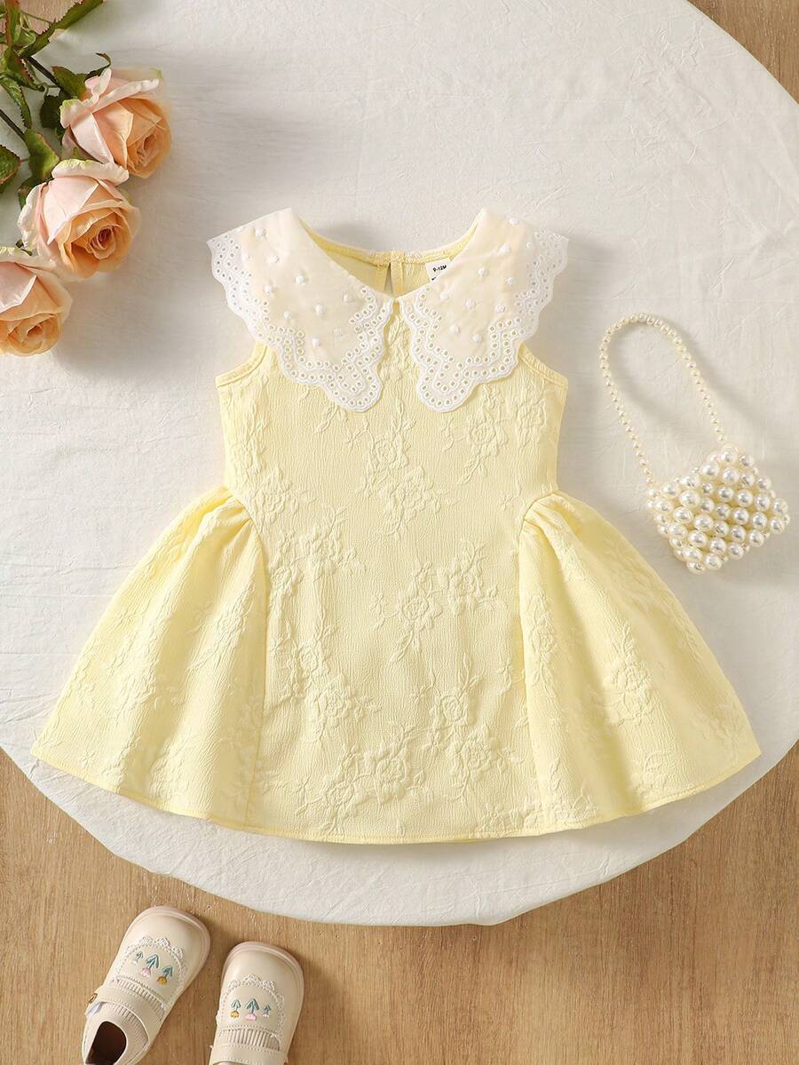 SHEIN Elladie kids 女婴甜美公主蕾丝边领无袖粉色连衣裙，夏季 - 黃色 - 查看 1