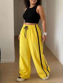 Maweii Plus Size Women's Drawstring Waist Colorblock Casual Versatile Everyday Travel Long Pants Fall - Yellow - View 6