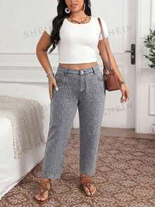 Breezaya Plus Size Women Leopard Print Pocket Button Casual Versatile Daily Wear Denim Jeans - Multicolor - View 6