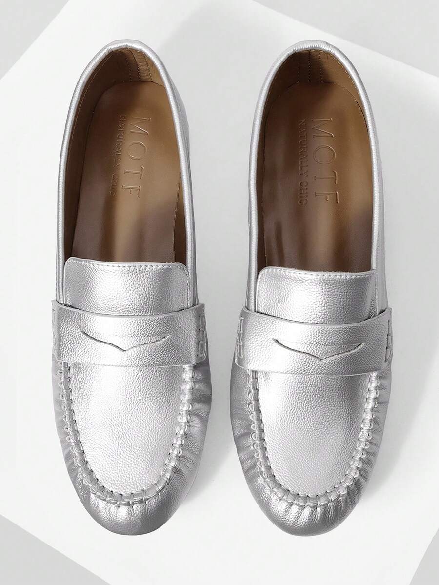 MOTF WOMEN'S NEW FRENCH VINTAGE FASHION COMFORTABLE FLAT BALLET LOAFERS, MINIMALIST CASUAL - Silver - View 1