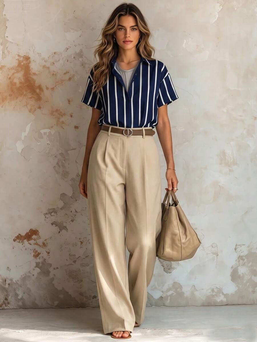 Franclia New Striped Short Sleeve Shirt And Solid Apricot Color Pants 2 Pieces Set For Women, Spring/Summer - Multicolor - View 1