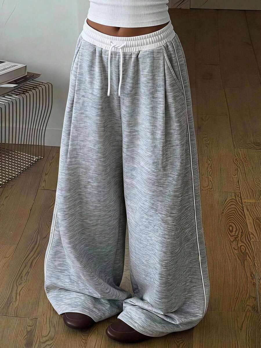 SHEIN Tween Girls Sweatpants, Spring Summer Autumn Winter, Suitable For All Seasons, New Knit Casual Colorblock White Drawstring Light Color Print Loose Sweatpants, Back-To-School Outfit, Basic, Versatile For Daily Wear - Light Grey - View 1