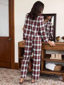 Doze Lane Women's Plaid Lapel Comfortable Casual Classy Loose Long Sleeve Pants Pajama Set, 2 Pieces Lounge Sleep All White Plaid Autumn - Multicolor - View 2