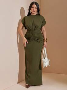 SHEIN BAE CURVE Plus Size Women's Green Pleated Fitted Elegant Long Dress - Army Green - View 4