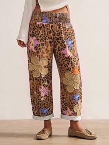 Bohemela Women's Elastic Waist Loose Embroidered Leopard Print Denim Jeans - Multicolor - View 2