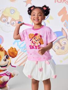 SHEIN | PAW Patrol 少女字母和卡通狗印花短袖T恤 - 粉色 - 查看 4
