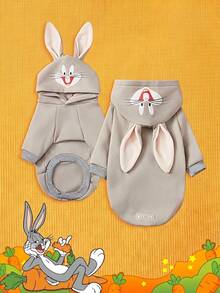 LOONEY TUNES X PETSIN 1件快樂兔子印花灰色寵物連帽衫，厚實舒適適合秋冬，讓您的貓或小型犬時尚保暖，柔軟無彈力面料，適合寒冷天氣、沙發慵懶時光或可愛冬季散步 - 灰色 - 查看 1