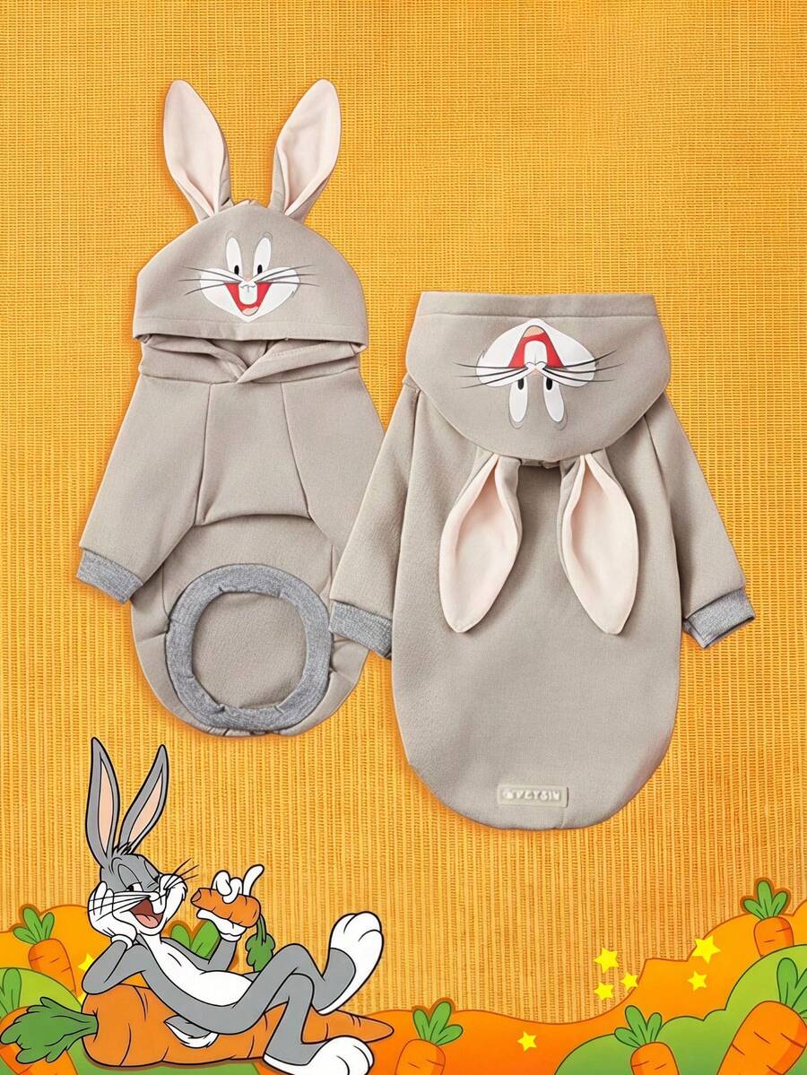 LOONEY TUNES X PETSIN 1件快樂兔子印花灰色寵物連帽衫,厚實舒適適合秋冬,讓您的貓或小型犬時尚保暖,柔軟無彈力面料,適合寒冷天氣、沙發慵懶時光或可愛冬季散步 - 灰色 - 查看 1