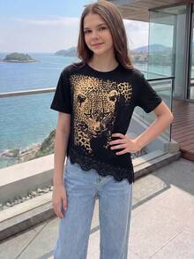青少年女孩豹紋圓領短袖對比蕾絲不對稱下擺T恤 - 黑色 - 查看 5