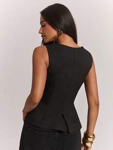SHEIN BAE Solid Color Casual Elegant Commute Date Office Slim Fit Zipper Sleeveless Blazer Black Summer - Black - View 2