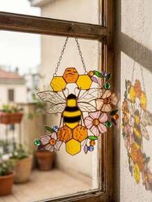 Cirelle 1 pieza Atrapasol de vidrio teñido con diseño de panal de abeja y abeja, panel colgante para ventana, decoración de pared, adorno de acrílico amarillo con cadena para cocina, esquina de ventana, jardín y decoración del hogar - Multicolor - Ver 3