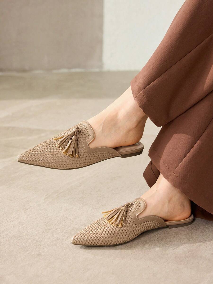 MOTF PREMIUM ELEGANT, COMFORTABLE, CHIC TASSEL SLIP-ON POINTED TOE FLAT MULES FOR WOMEN FALL SHOES - Apricot - View 2