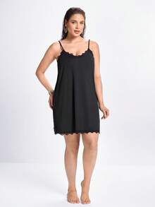 Slumbrini Plus Contrast Lace Split Hem Cami Pajama Nightdress Halloween Lingerie - Black - View 4