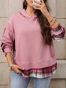 EMERY ROSE Plus Size Women's Blush Pink Plaid Color Block Hooded Long Sleeve Ribbed Cuff Pullover Hoodies Casual Daily Going Out Fall Fashion 2026 - Dusty Pink - View 9