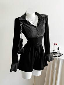 Elamini Jumpsuit Wanita 2 In 1 Motif Garis-Garis Musim Gugur dengan Kerah Kemeja Lengan Panjang - Hitam - View 1