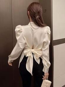 Siren Gaze Elegant Solid Color Satin Pleated Backless Tie Bow Blouse, Women's Autumn New Slim Fit Puff Sleeve Shirt, Off White, French Style, Party Office Dinner - Apricot - View 9