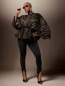 Vixey Mixed Color Animal Print Sheer Organza Faux Collar Long Sleeve Ruffle Hem Pleated Blouse - Brown - View 2
