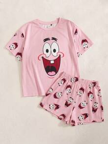 SpongeBob SquarePants | SHEIN 大尺碼女款卡通印花短袖上衣與短褲休閒居家睡衣套裝 - 粉色 - 查看 1