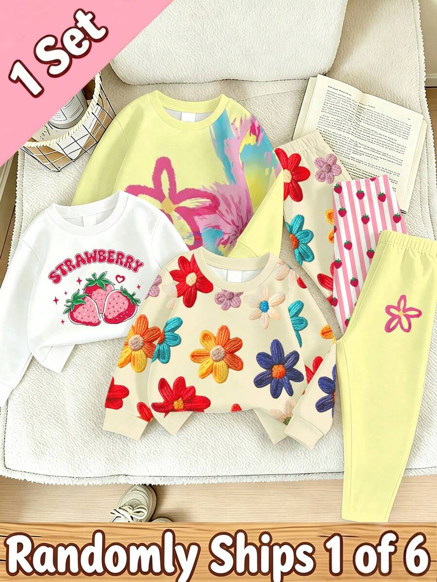 SHEIN 1套隨機女款圓領運動衫套裝,可選3D花卉米色、草莓字母白色與水彩蝴蝶黃色,搭配同系列修身長褲,適合外出、購物、日常穿著,適用春、秋、冬 - 彩色 - 查看 1