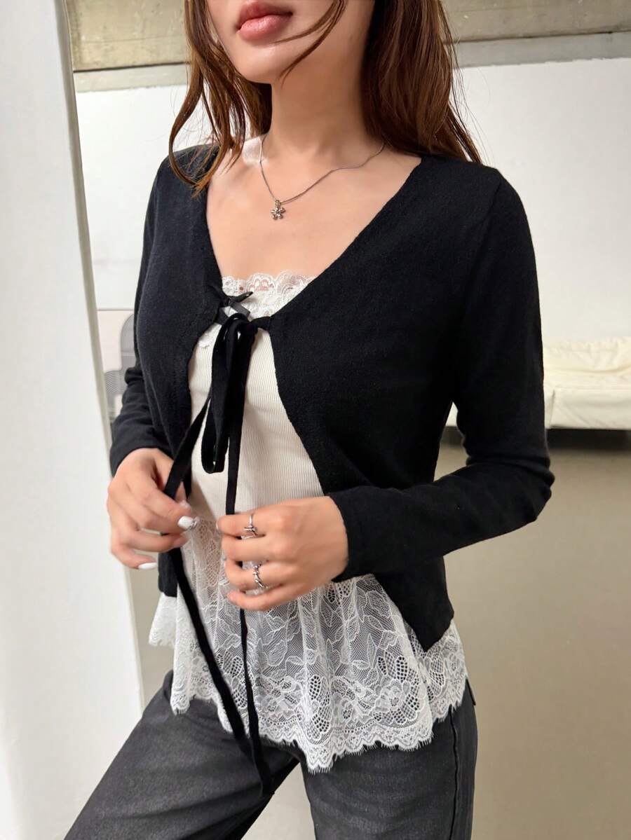 K-Vae Women's Casual Versatile Solid Color Tie-Front Jacket Work Breakfast Daytime Black Autumn - Black - View 1
