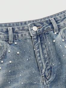 ROMWE MEN Street Life Men's Sparkling Diamond & Pearl Embellished Flared Jeans Spring/Summer - Blue - View 4