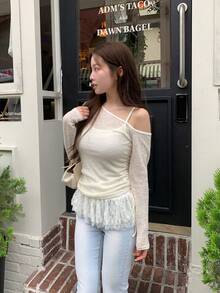 DAZY 女款不對稱領口荷葉邊細肩帶上衣休閒法式優雅長袖兩件套秋季早午餐米白色 - 杏色 - 查看 5