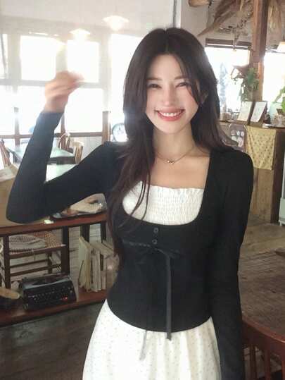 DAZY Women's 2 In 1 Ruffle Trim Minimalist Sexy Korean Style Long Sleeve T-Shirt Fall