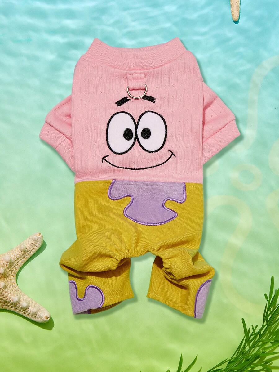 SpongeBob SquarePants | PETSIN 1件刺繡可愛卡通圖案四足寵物連身衣,適用於貓狗,休閒舒適,適合室內放鬆或戶外趣味探險 - 粉綠 - 查看 1